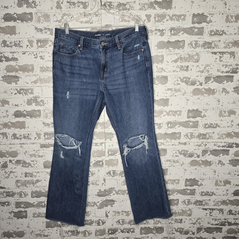 Old Navy Jeans Womens 14 Slouchy Bootcut Mid Rise Denim Blue Distressed Zip Fly